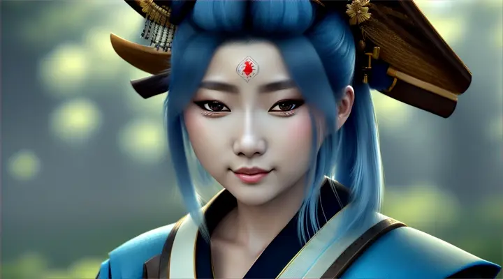 {{{masterpiece}}}, {{{best quality}}}, {{ultra-detailed}}, {cinematic lighting}, {illustration}, {beautifuly detailed eyes}, {1girl}, extremely detailed, 1girl, solo, A beautiful samurai warrior, blue hair in a long ponytail, wearing white and black kimono, warrior, playful smile, brown eyes, huge breasts, hourglass figure, facing viewer, outdoors, woodland background, highly detailed face and clothing, slightly narrow eyes, perfect face, fair skin, hair bangs, long hair, cowboy shot, noble beautiful, traditional Japanese clothing, samurai woman