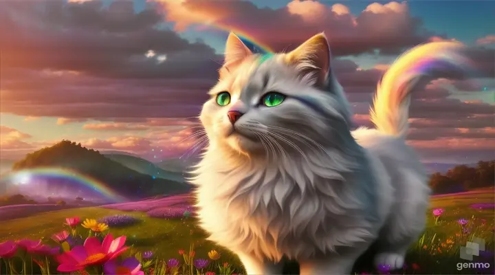 The cat purrs with happiness, wags its tail cheerfully,
 It glides upward along the rainbow, it almost touches the clouds.
 Plays with drops of dew, which glitter like beads,
 The cat lives in a world of miracles, where he gives joy to everyone.