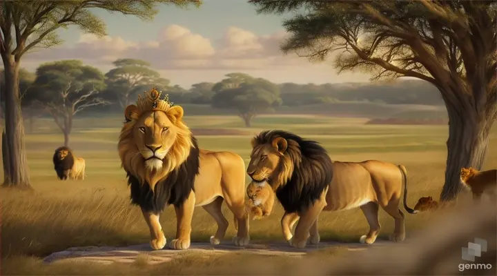 Create an image of a lion wearing a crown. Walking in the savannah along with various animals that are followers