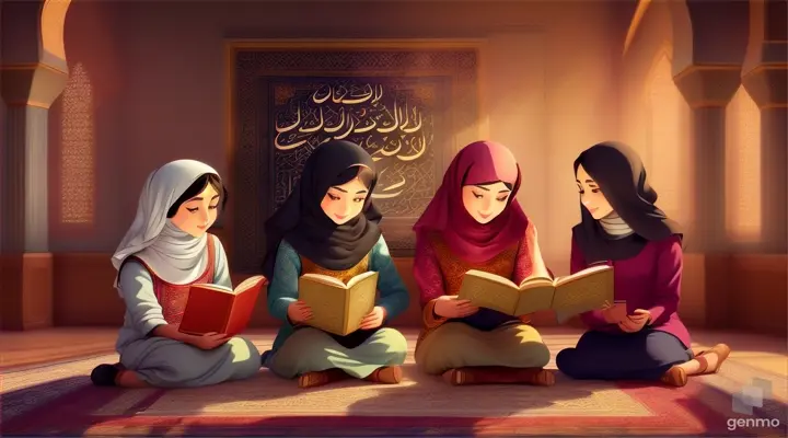 3 girl Quran reading anmition carton 