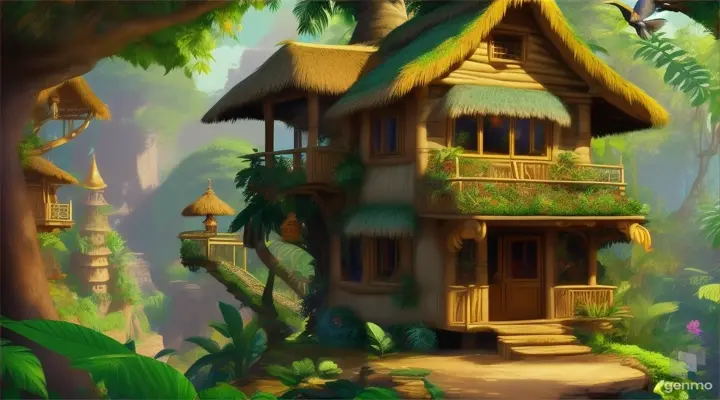 Cartoon very beautiful hut in jungle 