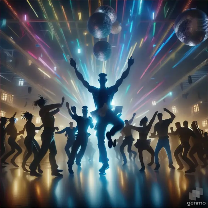 a group of people dancing in front of a disco ball