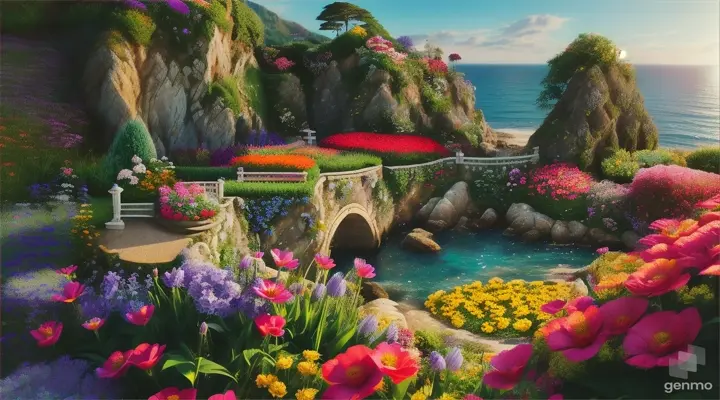 A riot of colorful flowers in a coastal cliff garden surrounded by Bunte Küstendörfer