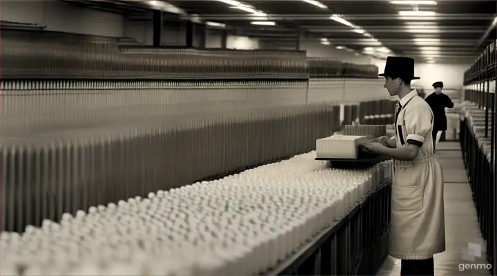 Closeup A whole lot of Factory workers in a row dressed in Danish work overalls at a factory that packs bread into boxes from 1950 in Denmark, working on an assembly line in 1950s Denmark. In the background, the factory owner is seen standing in a suit that matches Danish suits in the 1950s. Black white sepia