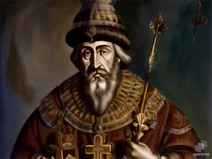 a painting of a man with a long beard and wearing a crown and holding a