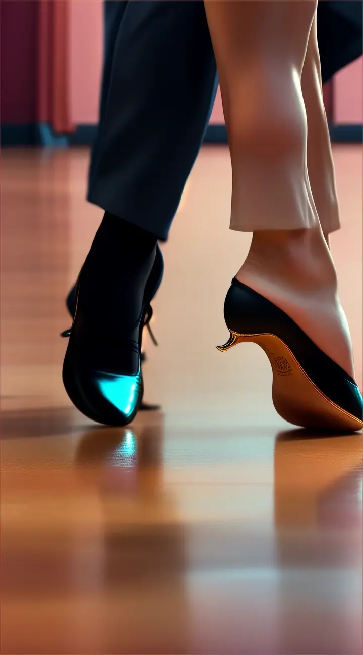 Close-up shot of the feet of the dancers, Latin American men and women who move with a soft and delicate step, almost in slow motion. The shiny floor that reflects the movements. Elegant tango shoes for men and women, the light sound of the step that skims the floor.