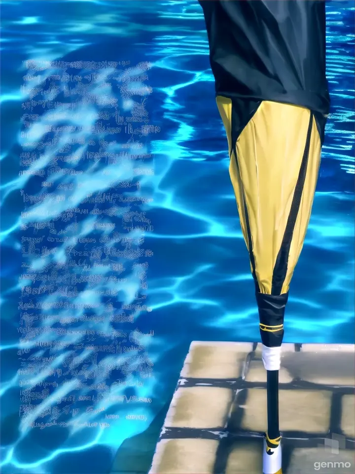 a yellow and black umbrella sitting on top of a swimming pool