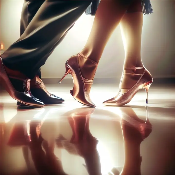 Close-up shot of the feet of the dancers, Latin American men and women who move with a soft and delicate step, almost in slow motion. The shiny floor that reflects movements. Both the man and the woman must wear elegant tango shoes, the light sound of the step skimming the floor.