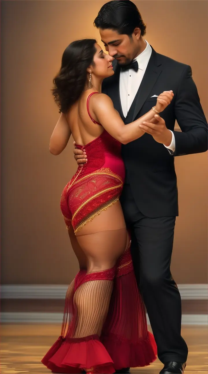 Half-figure of the dancers, a Latin American man and woman focusing on their bodies moving in unison. Bodies close together, fluid and synchronized movements. Emotion and passion in tango are palpable, they embrace each other with warmth. The man's hand gently leading, the woman following gracefully.