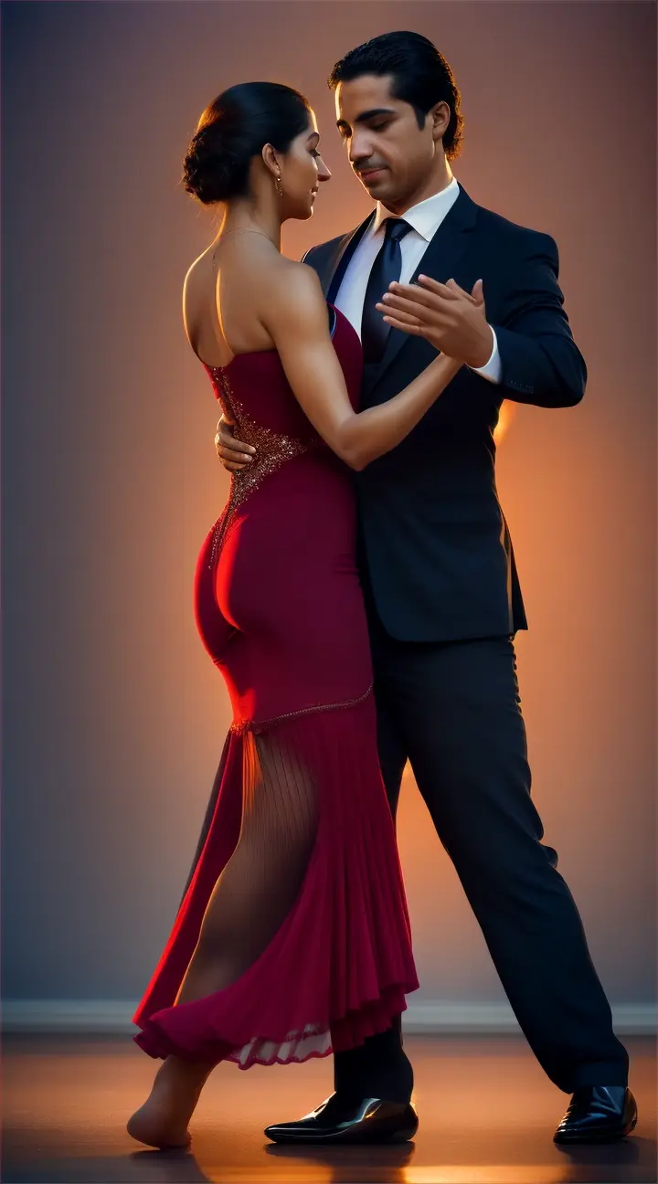 Half-figure of the dancers, a Latin American man and woman focusing on their bodies moving in unison.  Bodies close together, fluid and synchronized movements. Emotion and passion in tango are palpable, they embrace each other with warmth.  The man's hand gently leading, the woman following gracefully.