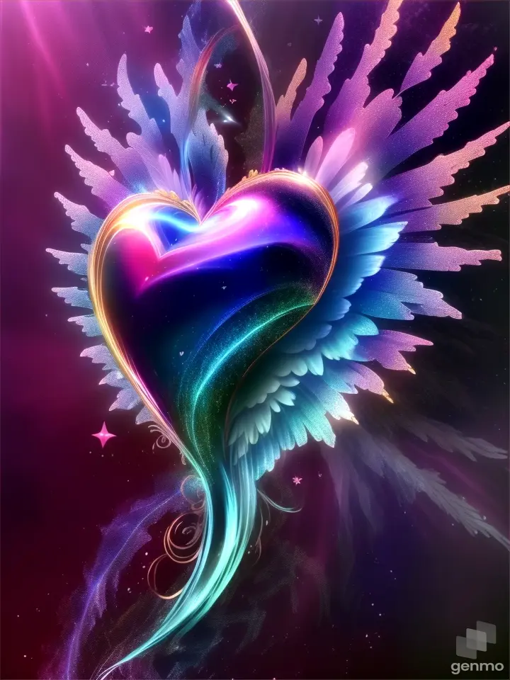 a heart with wings and stars in the background