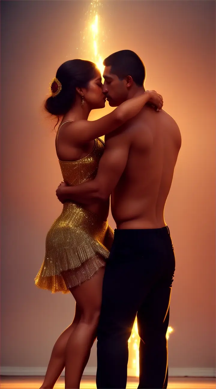 Framing: Alternation between close-ups of the faces and large movements of the bodies of the Latin American man and woman. Environment: Change of lights, with warm tones that become more intense. Emotion: Explosion of emotions, with expressions of passion and hope on the faces of the dancers.Details: The reflection of the lights on the eyes, the intensity of the visual and physical contact.