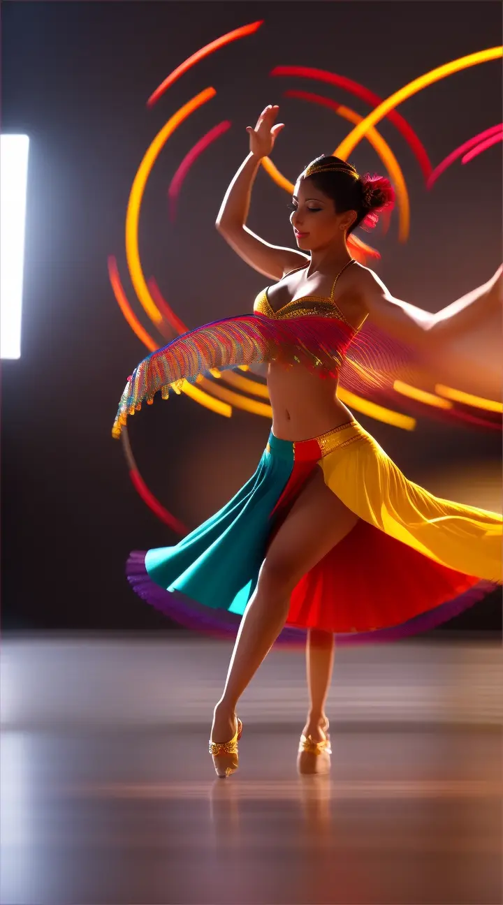 Shot: Circular movement of the camera around the dancers, a Latin American man and woman. Movement: A synchronized rotation, the couple spinning with grace and speed. Setting: Blurred background to focus attention on the dancers. Details: Latin American female dancer's skirt rising slightly, feet performing a perfect rotation.