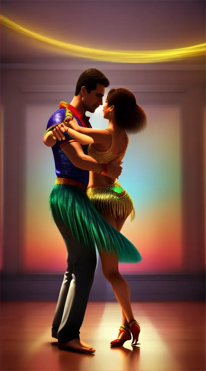 Shot: Circular movement of the camera around the dancers, a Latin American man and woman. Movement: A synchronized rotation, the couple spinning with grace and speed. Setting: Blurred background to focus attention on the dancers. Details: Latin American female dancer's skirt rising slightly, feet performing a perfect rotation.