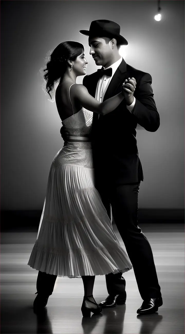 Medium shot showing the embrace of tango dancers, a Latin American man and woman. The embrace guiding the movements, swaying gently.  Sensation of protection, emotion and deep connection. Man's and woman's hands intertwining, the intensity of physical and visual contact, the rhythm of the oscillation that follows the music.