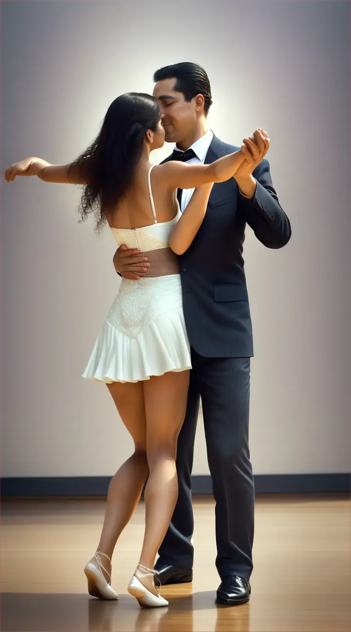 Medium shot showing the embrace of tango dancers, a Latin American man and woman. The embrace guiding the movements, swaying gently.  Sensation of protection, emotion and deep connection. Man's and woman's hands intertwining, the intensity of physical and visual contact, the rhythm of the oscillation that follows the music.