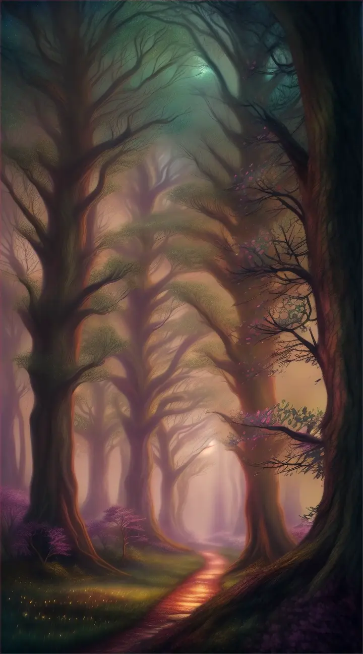 Mystical forest with glowing fireflies at night, fantasy illustration