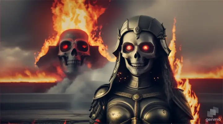 The goddess of War and Death, her figure in a fiery halo, a grinning grinning skull instead of her face, a military uniform on her, and a flaming infernal cape on her shoulders, in her bony palms joined together - the fire of a nuclear explosion, she seems to give it, pulling it out in her palms. Behind her, the background is a burned and destroyed modern metropolis. Surrealism, horror, symbolism,
Hyperrealism cinematic film.