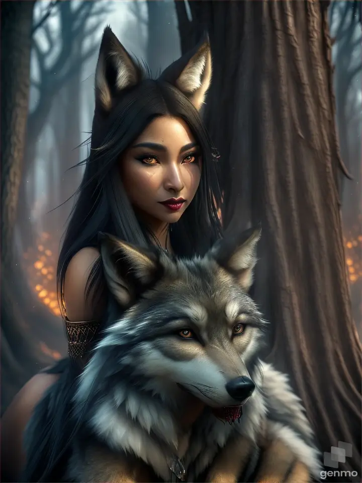 An ethnic female with smoky gaze, wolf ears and tail, sitting with her back against the trunk of a tree, a wolf next to her showing the fangs, full details, cold lighting effects, mysterious smog, intricate, high resolution quality, cinematic style