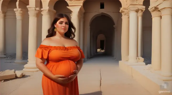 beautiful pragnent Russian woman plus size ina cotton summer elegance orange off shoulder sleeves shirt cotton broad neck top is posing for a picture ,the ruins of the ancient city of palmyran