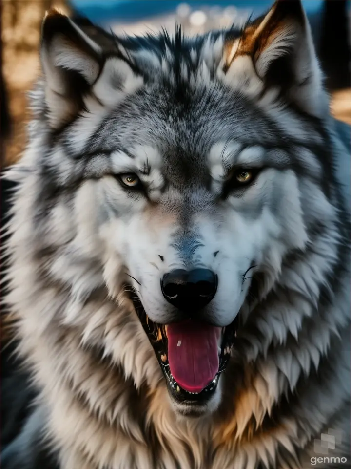 a big grey and white wolf with an eye and muzzle scar, showing its fangs in anger. 