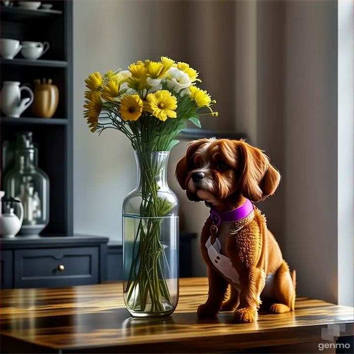 a dog sitting on a table next to a vase of flowers