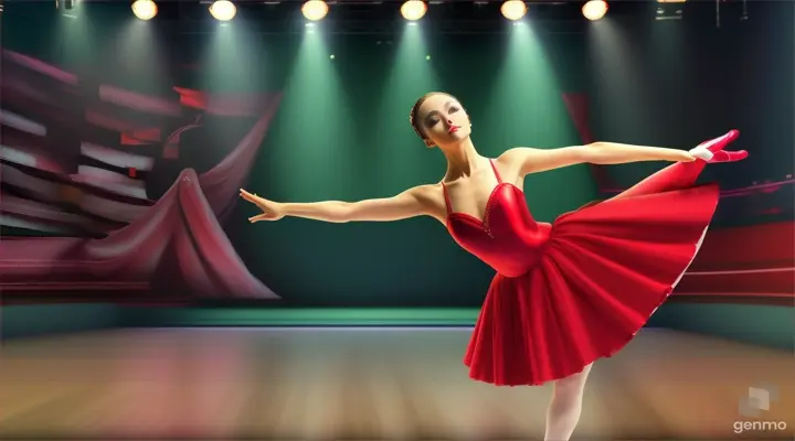 a thin ballerina from the ballet “Carmen” in a red short dress.  a beautiful thin ballerina in a red short dress beautifully runs on pointe shoes with small steps across the stage.  runs across the stage.  green chromokey