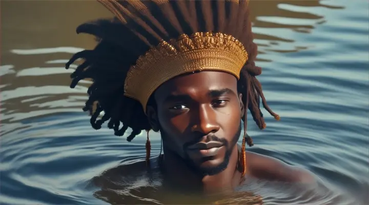 “black african man wearing a headdress in a body of water up to his shoulders 