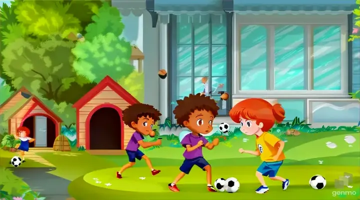a boy and a girl playing soccer in the yard