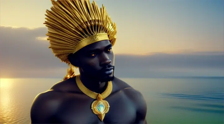 "A regal african man adorned in a golden headdress, majestically emerging from the tranquil azure waters, photorealistic high detail RAW color image, dark and moody, cinematic lighting, surrealist style, by Stanley Artgerm Lau"
