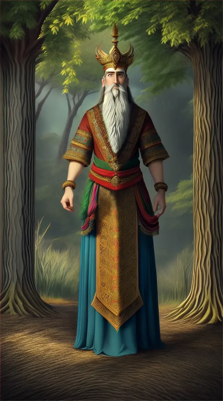 the vivid and dynamic image of Kurunta, the Hittite deity associated with wild animals and the hunt. The scene captures Kurunta in a lush forest, surrounded by various wild animals, embodying the spirit of the wilderness and his dominion over nature.