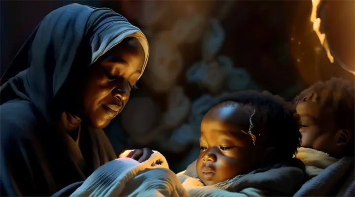 A serene, photorealistic depiction of an ancient black midwife swaddling a black infant boy, surrounded by cosmic swirls and luminescent waves under a starlit oasis sky