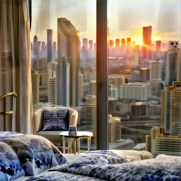 a bedroom with a view of the city,size1280x720