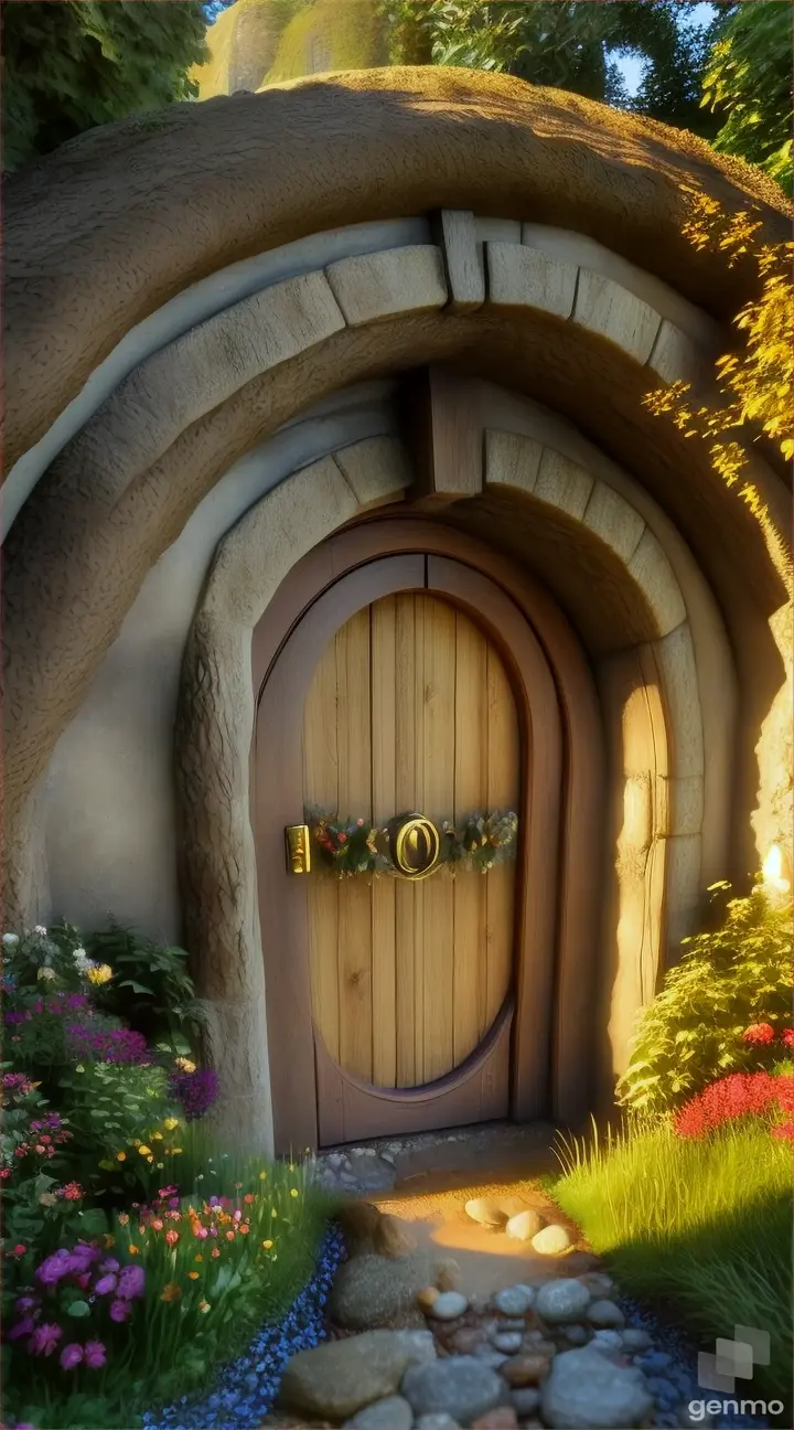 Nether portal arch, hobbit hole, hobbits, dwarves, gold, cottage