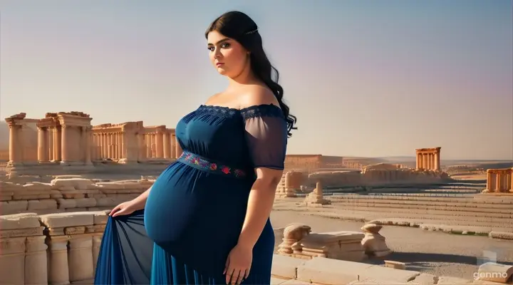 beautiful pragnent Russian woman plus size ina cotton summer elegance Navy blue transparent off shoulder sleeves shirt cotton broad neck top is posing for a picture ,the ruins of the ancient city of palmyran