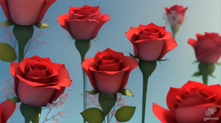 Title: Rose Rain

Scene: Light blue background

Elements: A large number of red roses in various sizes and bud stages (open blooms, unopened buds) fall downwards. Use a mix of animation styles (photorealistic, painted) and speeds (twirling, fast) for the roses. Petals can be seen detaching from some roses and fluttering down separately.