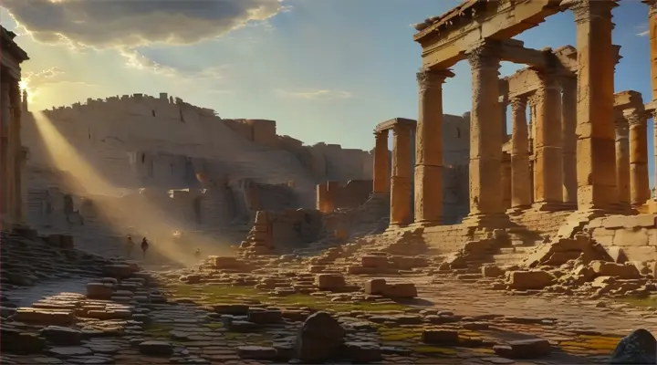 the sun shines through the clouds over the ruins of the ancient city of palm