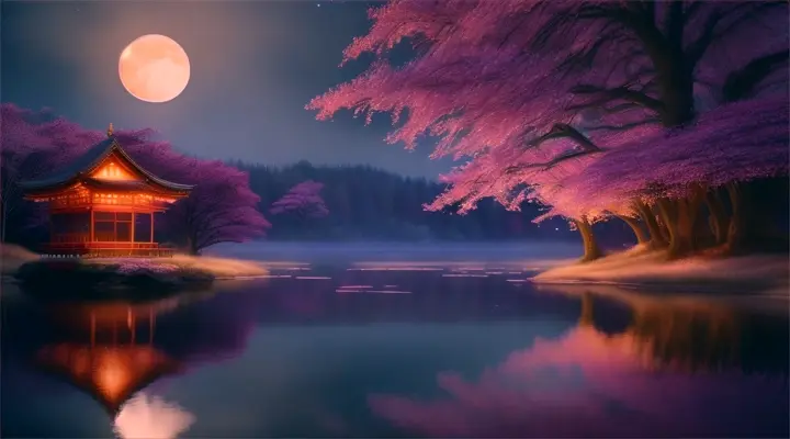 (flat color:1.1),(masterpiece:1.2), best quality, masterpiece, sakura forest clearing, moon melting into the lake below, fireflies