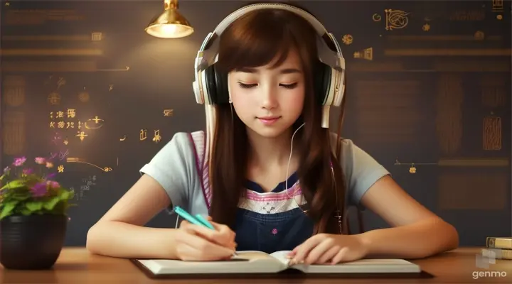 A beautiful girl studying, wearing headphones, was born in May, the Taurus character, cherishes all the good things in life, whether it's delicious food, music, or a cup of rich coffee. She understands that the path to her dreams requires a grounded approach, but that doesn't stop her from seeking romance and freedom in her soul. The Studio Ghibli style adds a whimsical touch to the image, making it stand out from the rest, size 1280x720”