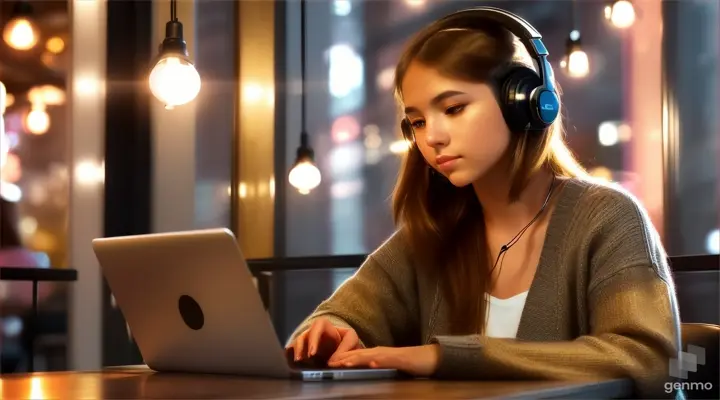 In the corner of the coffee shop, a beautiful girl sits, wearing headphones, lost in the rhythm of Techno music. size 1280x720