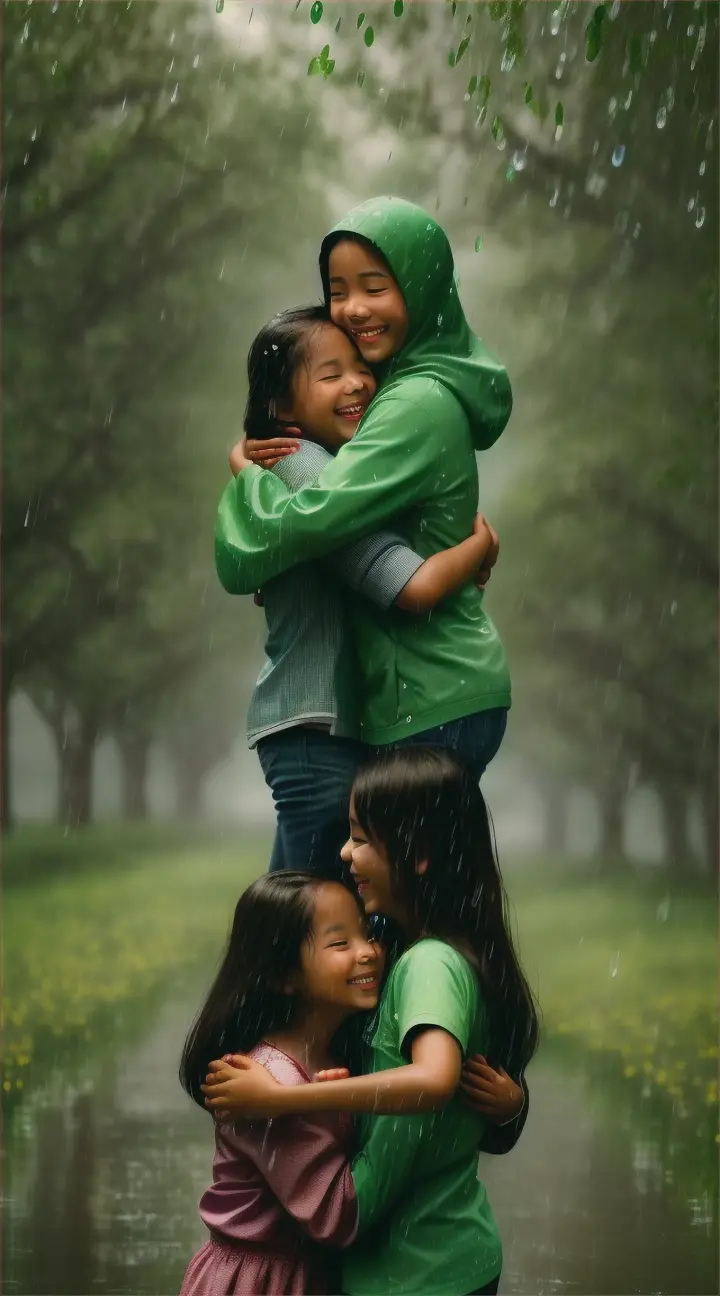 Images of people smiling in the rain, hugging and dancing.  The camera captures the look of relief and joy on their faces.  Nature seems to be reborn: flowers blooming, animals coming out of their shelters.  Every drop of rain becomes a symbol of rebirth and hope.