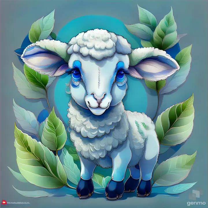 a white sheep with blue eyes surrounded by green leaves