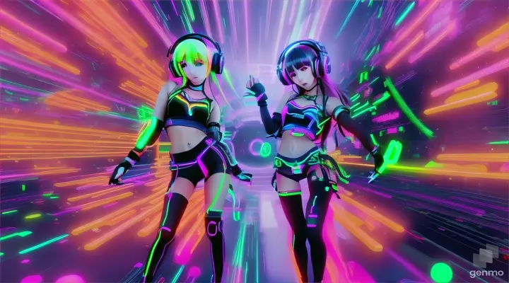 A vibrant and energetic illustration showcasing the essence of J-core music, featuring anime girls in dynamic poses, dancing or jumping amidst a futuristic cyberpunk setting. The scene is filled with bright neon colors, flashing lights, and abstract backgrounds, incorporating technological elements like wires, circuits, and holographic displays. The girls are dressed in colorful outfits with flashy accessories, their expressions reflecting the excitement and energy of the music. Japanese pop culture elements like kanji, anime/manga references, and urban fashion are seamlessly integrated into the scene. Additional details like headphones, turntables, speakers, and record label logos emphasize the J-core theme. Motion blur effects, glowing particles, and distortions create a sense of movement and dynamism, while an asymmetrical composition with diagonal lines and sharp angles further enhances the energetic vibe. 16:9
