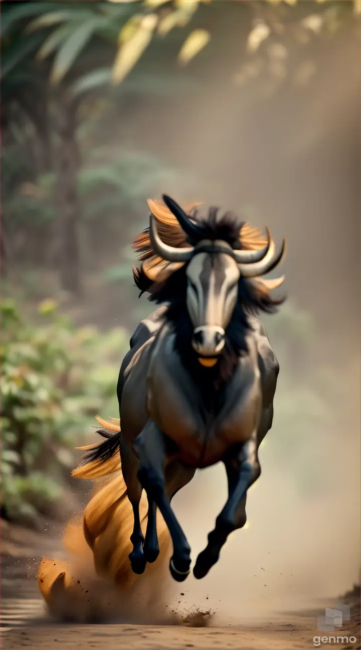 Long range shot of a wildebeest running squarely towards you along a jungle trail