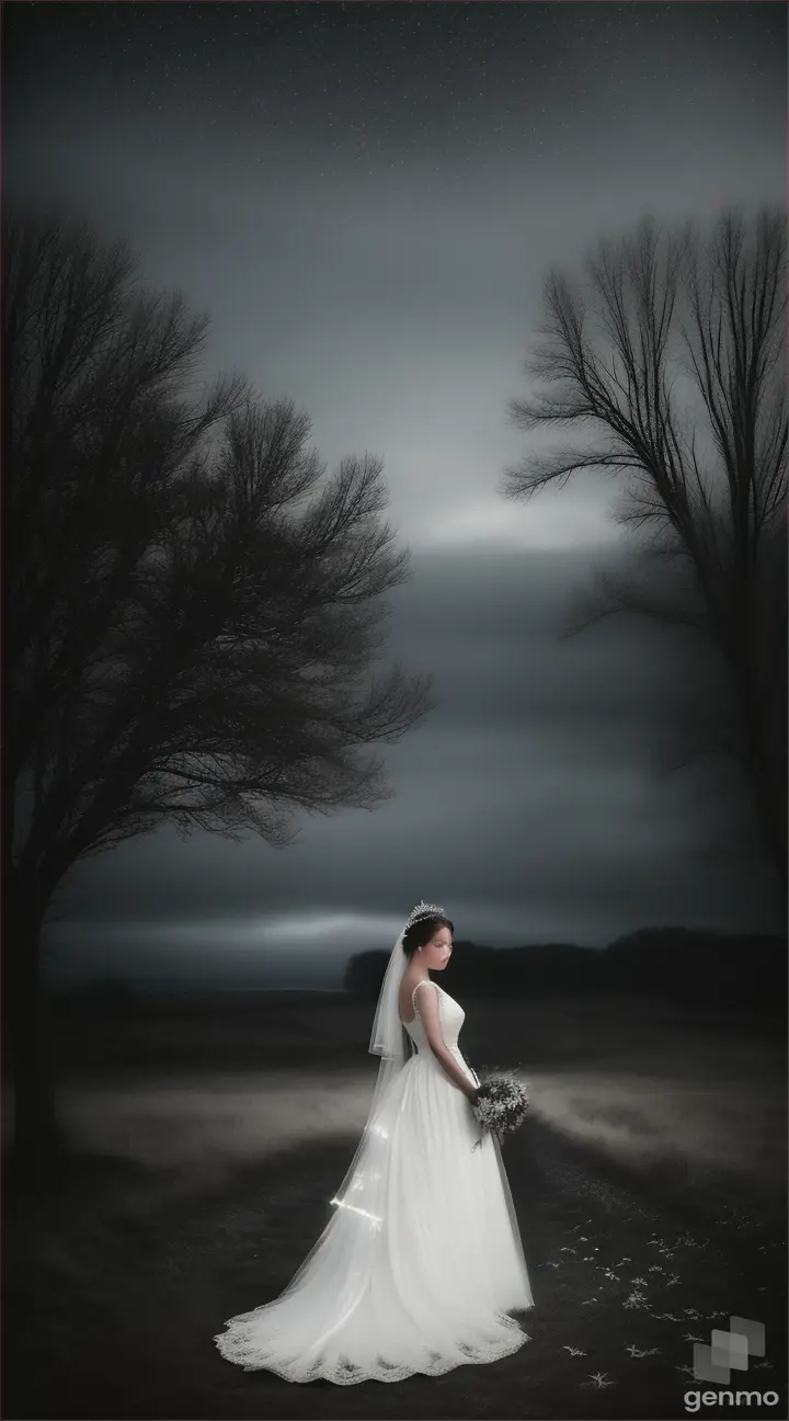 A dark countryside with only a wedding dress illuminated: Depict a dark, flat countryside scene with the wedding dress being the only thing lit up, creating a contrast between the light dress and the dark surroundings.




