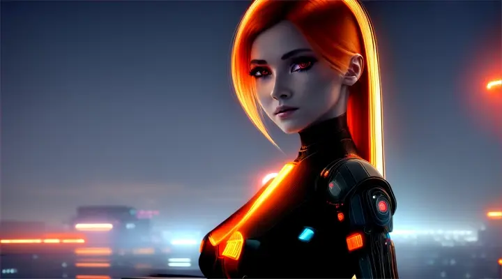 (SFW), Intricate details, One girl, night, (Bright neon colors), ((Flying over a futuristic cyberpunk city)), Detailed Background, (Petite cyborg girl, ((Cute perfect face, Bright red eyes)), (Perfect Anatomy, and firm breasts), (Extremely long orange and white gradient hair, Hair blowing in the wind)), Detailed ribbed impossible bodysuit, Pauldrons, Cybernetic limbs, Dynamic Angle,