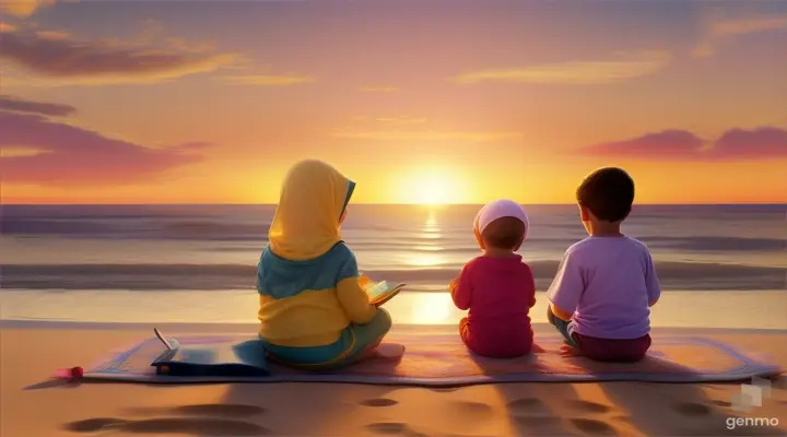 Person sitting in front of a sunrise with the Quran open in front of them 2 baby 1 girl