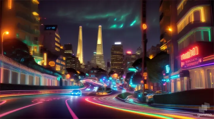 Lombard Street at night with neon lights illuminating the curves