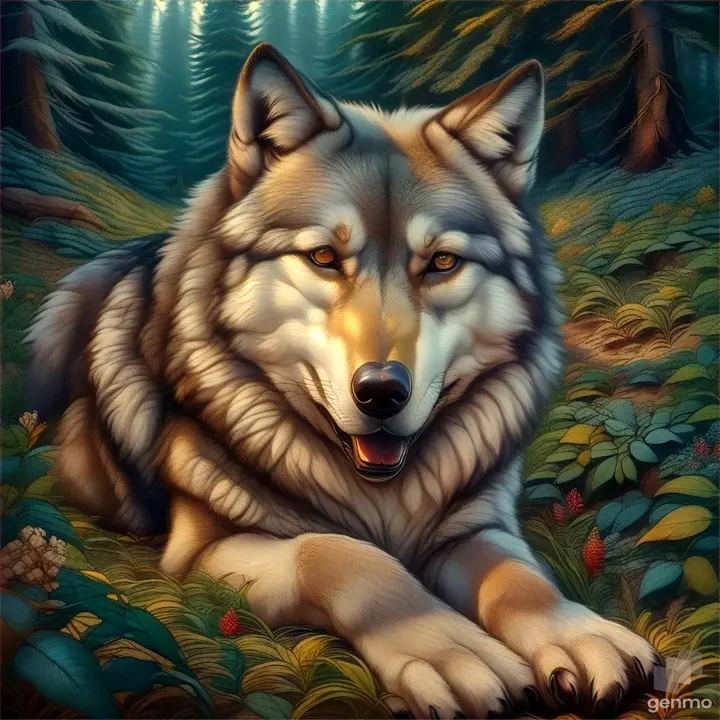 a painting of a happy wolf laying in a forest
