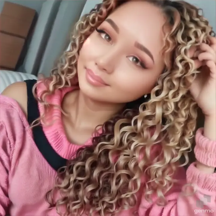 a woman with curly hair wearing a pink sweater